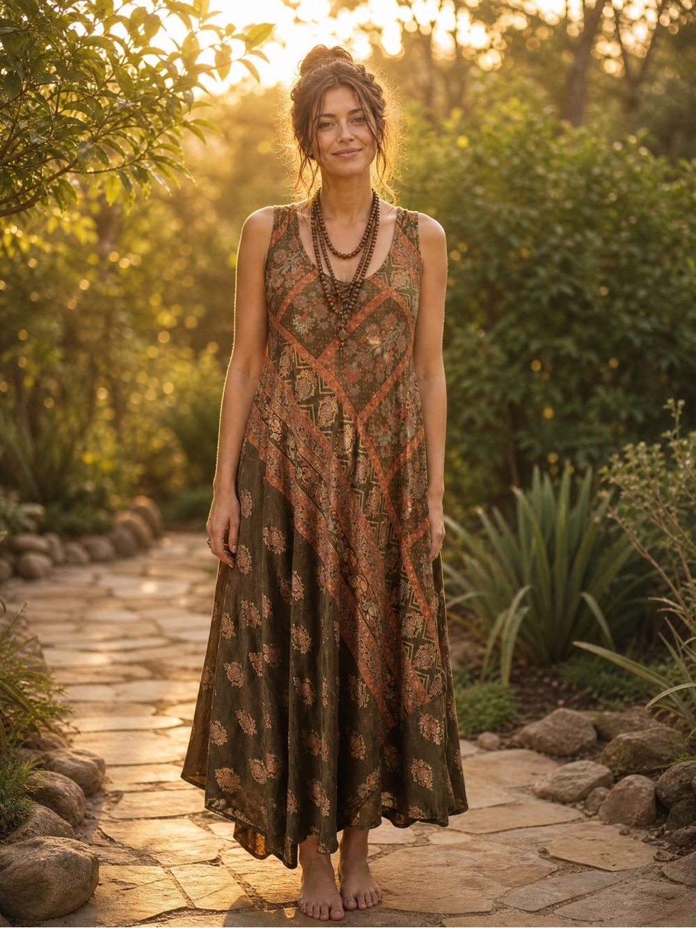Swarna Silk Blend Boho Maxi Dress Olive Green Floral Metallic Made in India L-XL